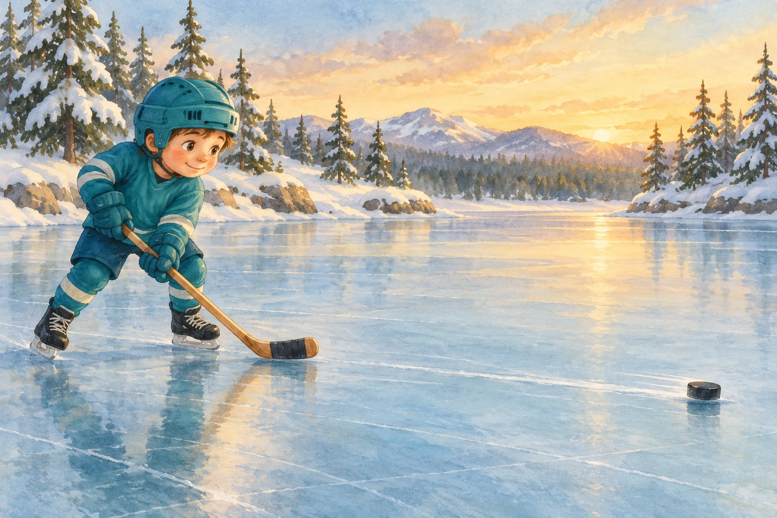 Ein Kind in petrolfarbener Eishockeykleidung hält auf einem zugefrorenen Teich einen Schläger, während ein schwarzer Puck mit deutlichem Abstand davor über das Eis gleitet und verschneite Nadelbäume am Ufer stehen.