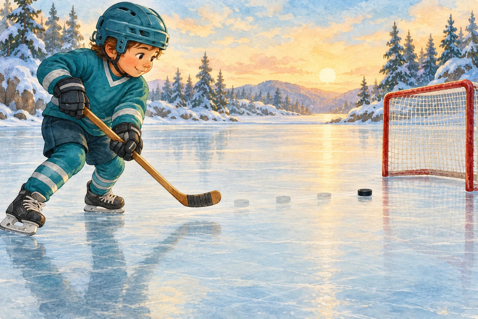 Auf einem zugefrorenen Teich hält ein Kind in petrolfarbener Eishockeykleidung den Schläger vom schwarzen Puck entfernt, dessen blasse frühere Positionen eine gerade Spur zu einem roten Tor mit weißem Netz bilden.