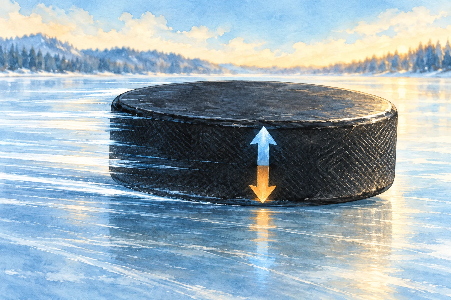 Ein schwarzer Puck liegt mit seitlichen Bewegungsspuren auf dem Eis eines von verschneiten Nadelbäumen umgebenen Teichs, und an seiner Vorderseite zeigen ein blauer Pfeil nach oben und ein gelber Pfeil nach unten.