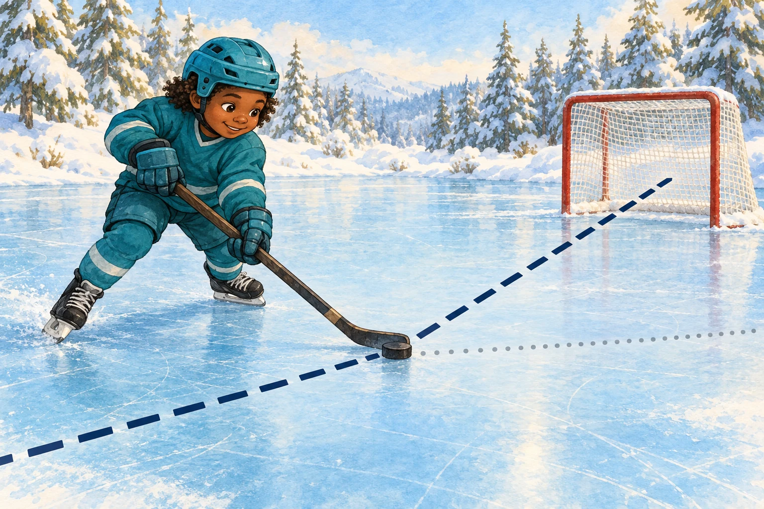 Ein Kind in petrolfarbener Eishockeykleidung berührt einen Puck mit dem Schläger an der Ecke einer gestrichelten Spur, die zu einem roten Tor abbiegt, während eine gepunktete Linie gerade daran vorbeiführt.