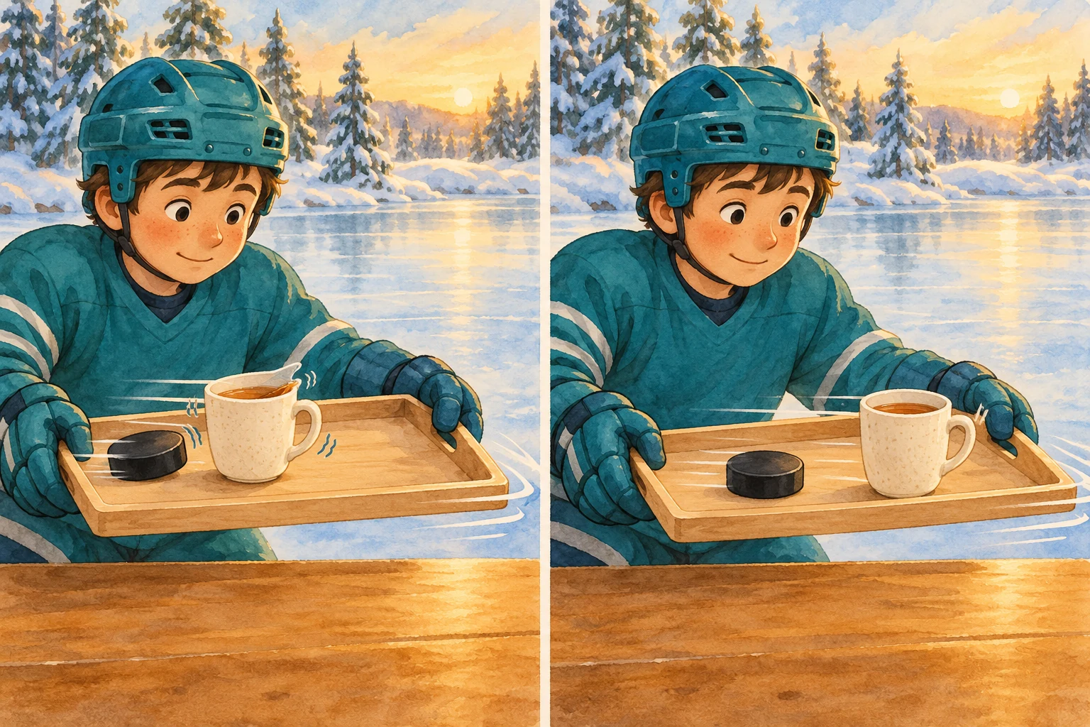 Zwei Bilder zeigen ein Kind mit einem Tablett über einem Tisch, links mit Bewegungslinien neben dem Puck und einer schwappenden Tasse Tee und rechts mit ruhigem Tee und dem Puck weiter in der Mitte des Tabletts.
