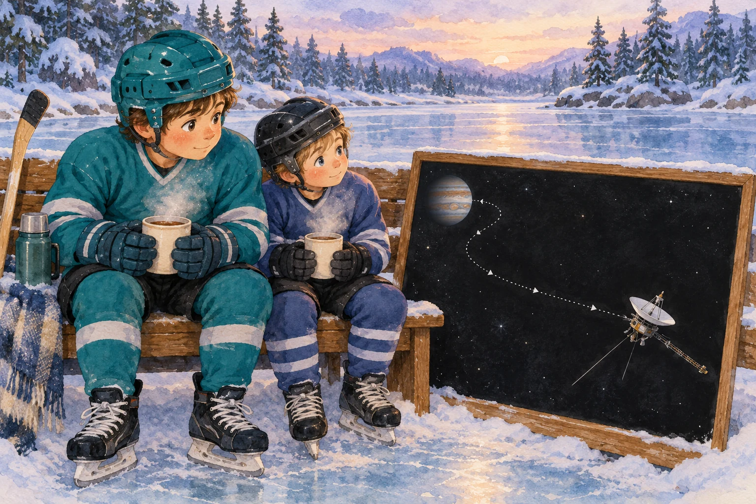 Zwei Kinder in Eishockeykleidung sitzen mit dampfenden Tassen auf einer Bank am verschneiten Teich und schauen auf ein Bild einer Raumsonde mit Schüsselantenne und einer gekrümmten gepunkteten Spur nahe einem Planeten.