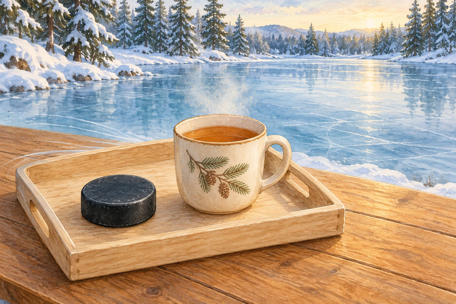 Auf einem Holztisch neben dem von verschneiten Nadelbäumen umgebenen Teich steht ein Tablett mit einem schwarzen Puck und einer verzierten Tasse, aus der über ruhigem bernsteinfarbenem Tee Dampf aufsteigt.
