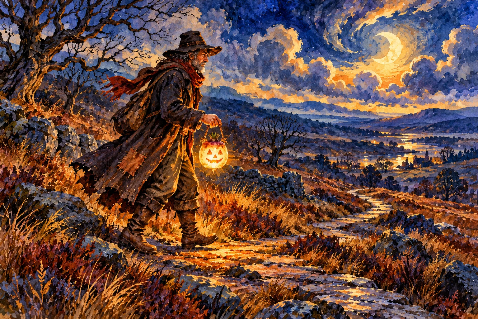 Eine Person trägt eine leuchtende Laterne auf einem vom Mond erhellten Weg unter sich kringelnden Wolken.