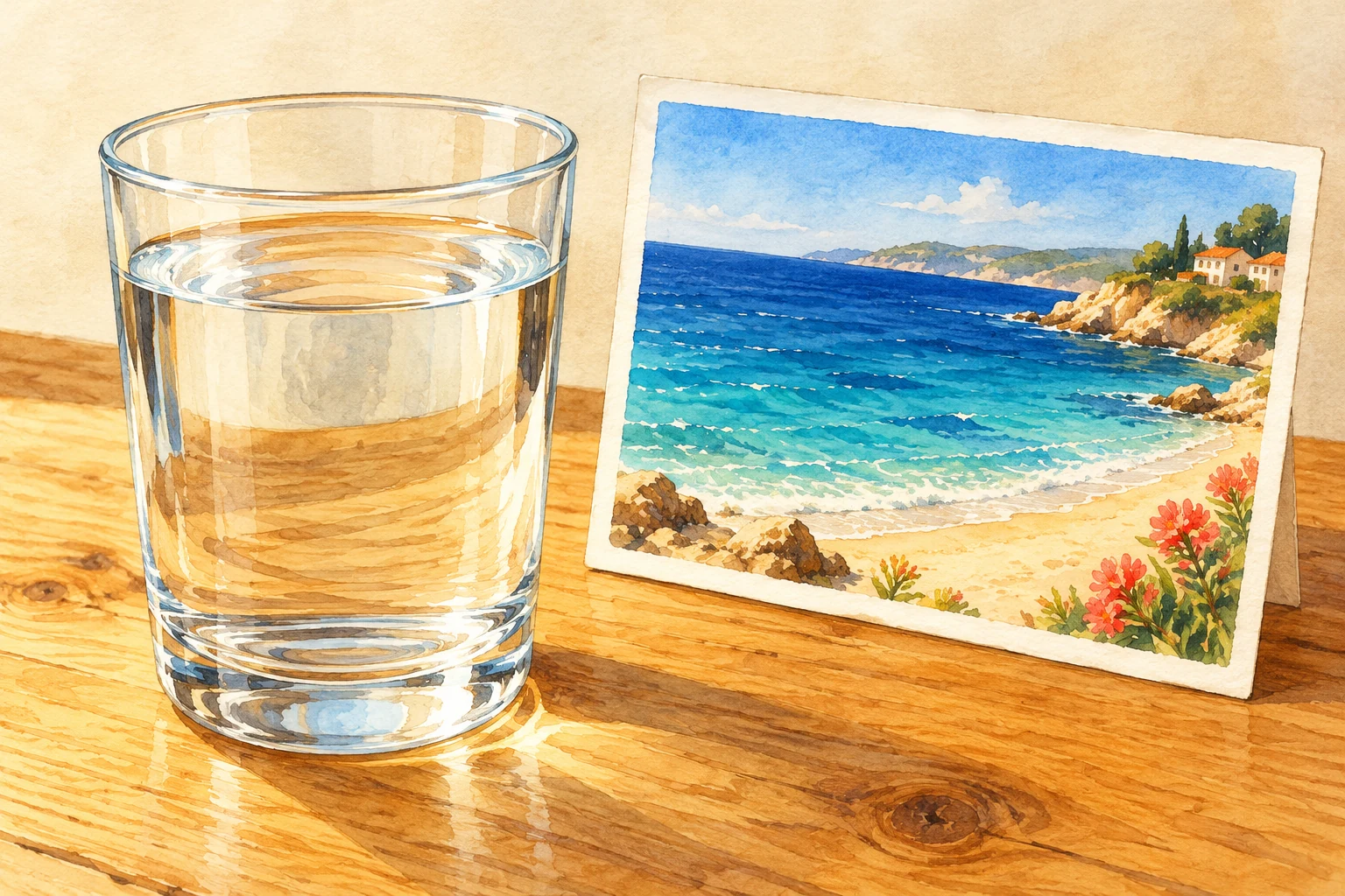 Ein Glas mit klarem Wasser steht auf einem Holztisch neben einem aufgestellten Bild einer blauen Meeresbucht.