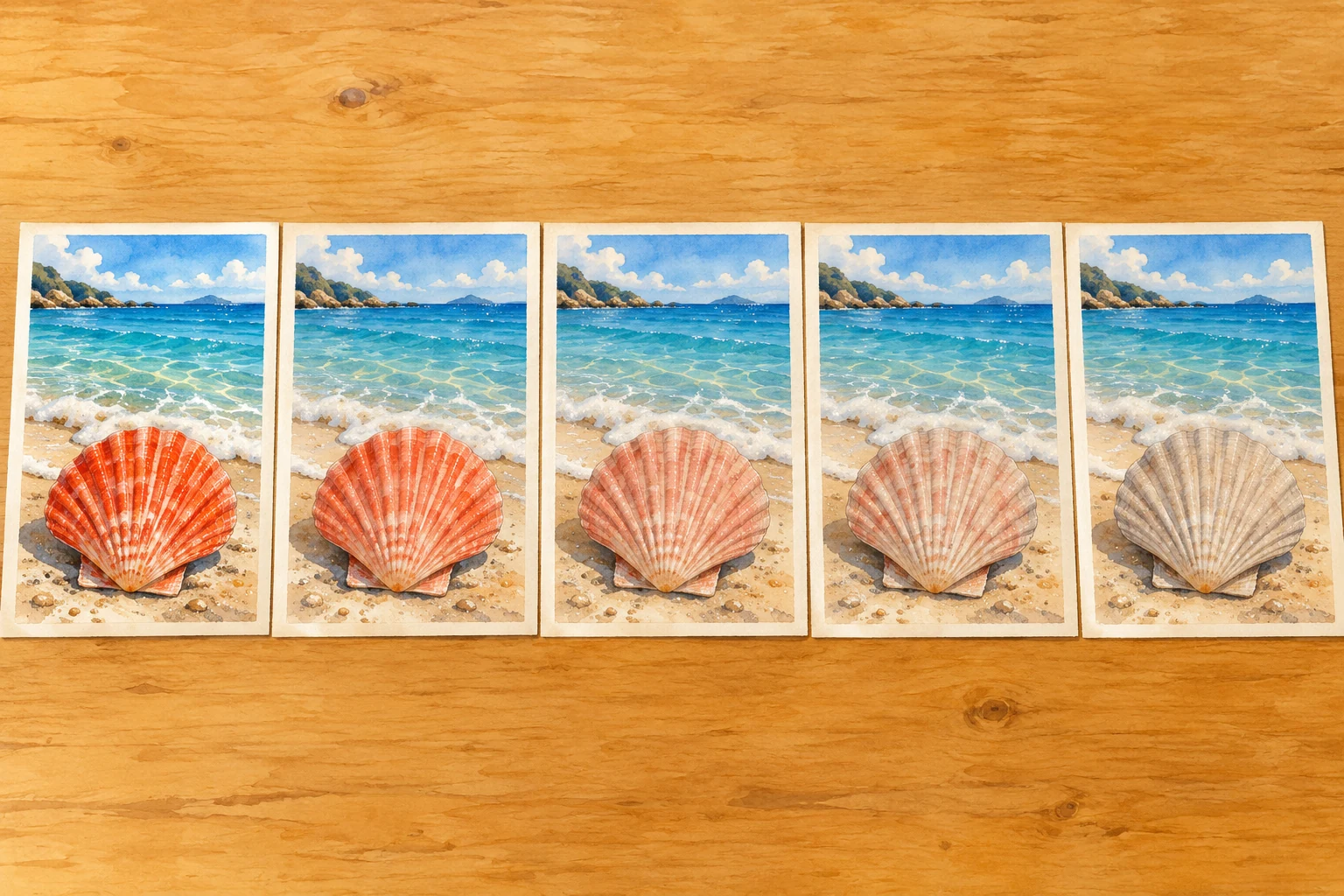 Auf einem Holztisch liegen fünf Bilder derselben Muschelschale am blauen Wasser nebeneinander, auf denen die Schale von links nach rechts immer weniger rot erscheint.
