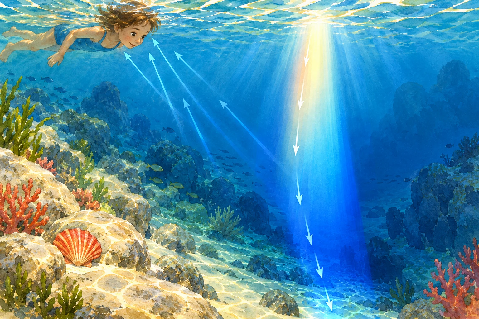 Unter der Wasseroberfläche schwimmt ein Kind über Felsen und einer roten Muschelschale, während Pfeile einen nach unten zunehmend blauen Lichtstrahl und blaue Lichtwege zum Kind zeigen.