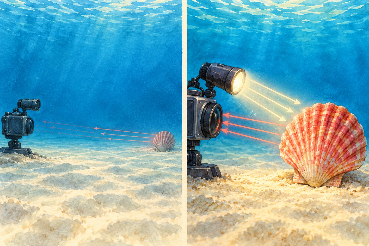 Zwei Unterwasserbilder zeigen links eine entfernte Kamera vor einer matten Muschelschale und rechts eine nahe Kamera, deren leuchtende Lampe eine rote Muschelschale anstrahlt, mit Pfeilen entlang der Lichtwege.
