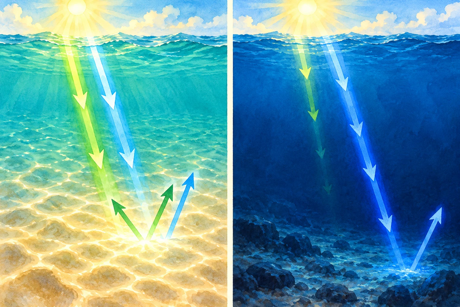 Zwei Bilder zeigen grüne und blaue Lichtpfeile über hellem Sand im türkisfarbenen Flachwasser links und einen verblassenden grünen sowie einen weit reichenden blauen Lichtweg im dunkleren Wasser rechts.