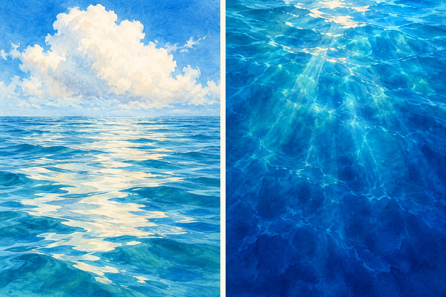 Links spiegeln sich weiße Wolken auf den Wellen unter einem blauen Himmel, während rechts der Blick von oben Lichtstreifen in blauem Wasser zeigt.