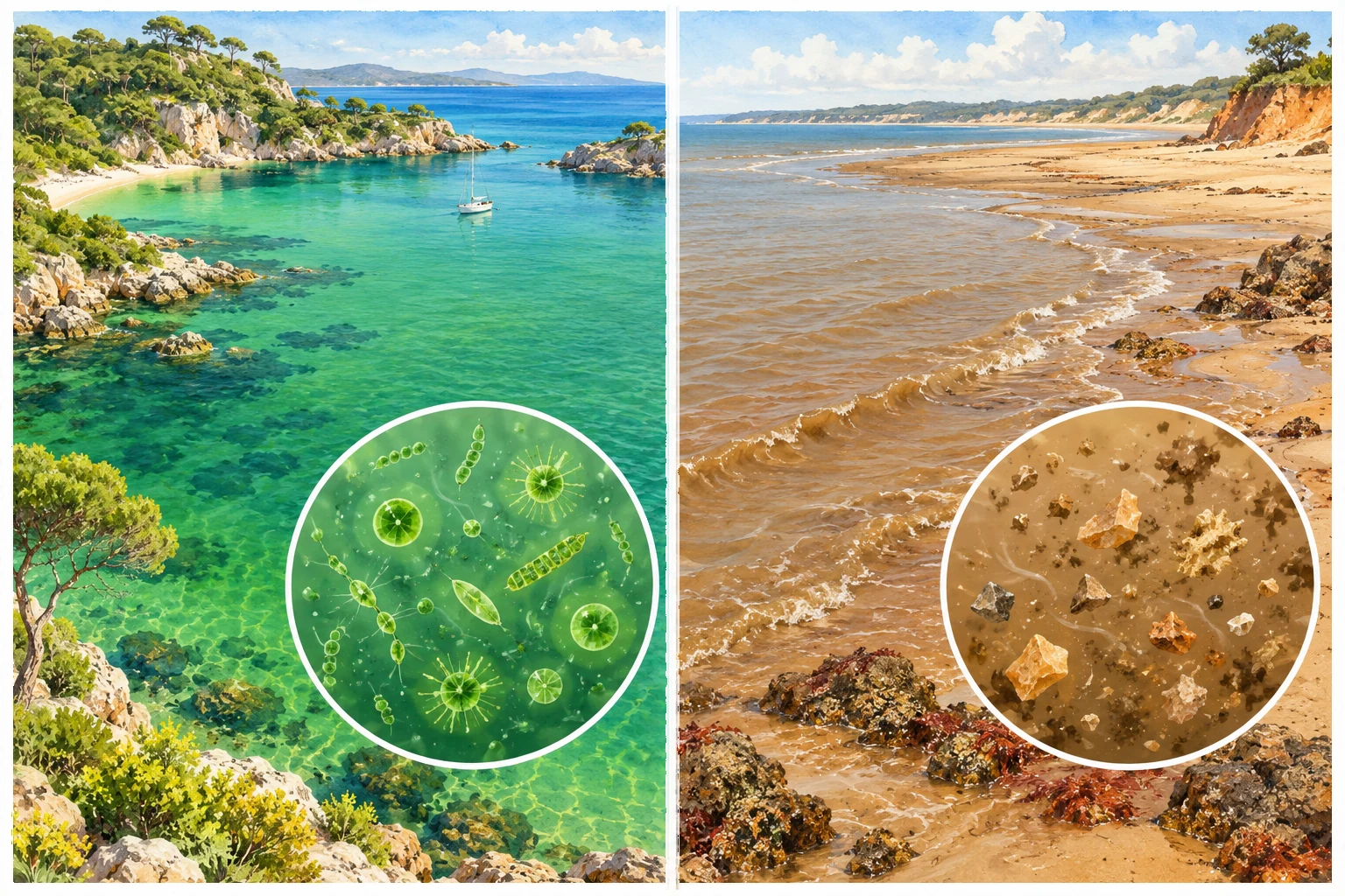 Zwei Küstenbilder zeigen links eine grüne Bucht mit einer runden Vergrößerung grüner Kleinstlebewesen und rechts braunes Uferwasser mit einer runden Vergrößerung schwebender Partikel.