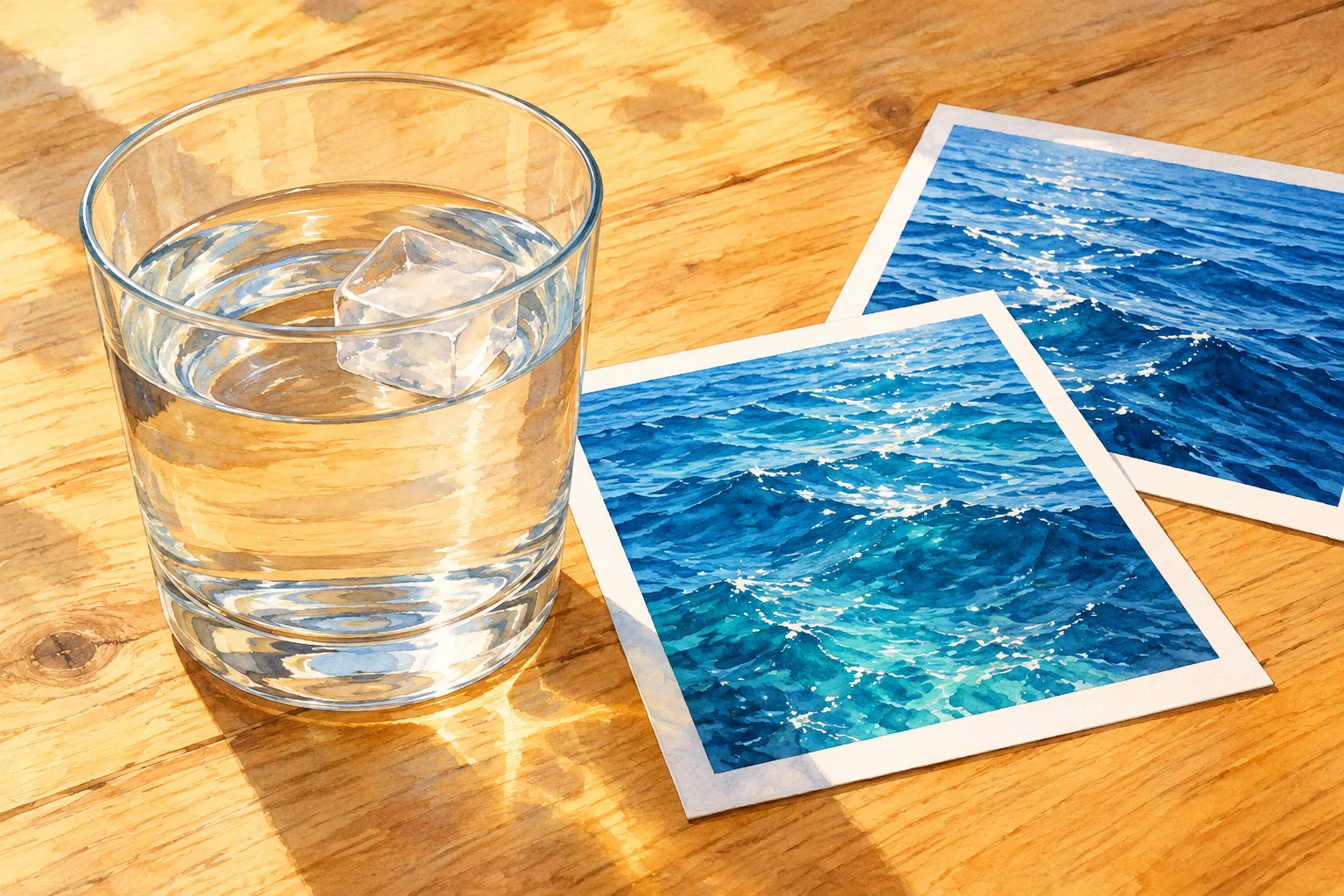 Ein Glas mit klarem Wasser und einem Eiswürfel steht auf einem Holztisch neben zwei weiß umrandeten Bildern des blauen Meeres.