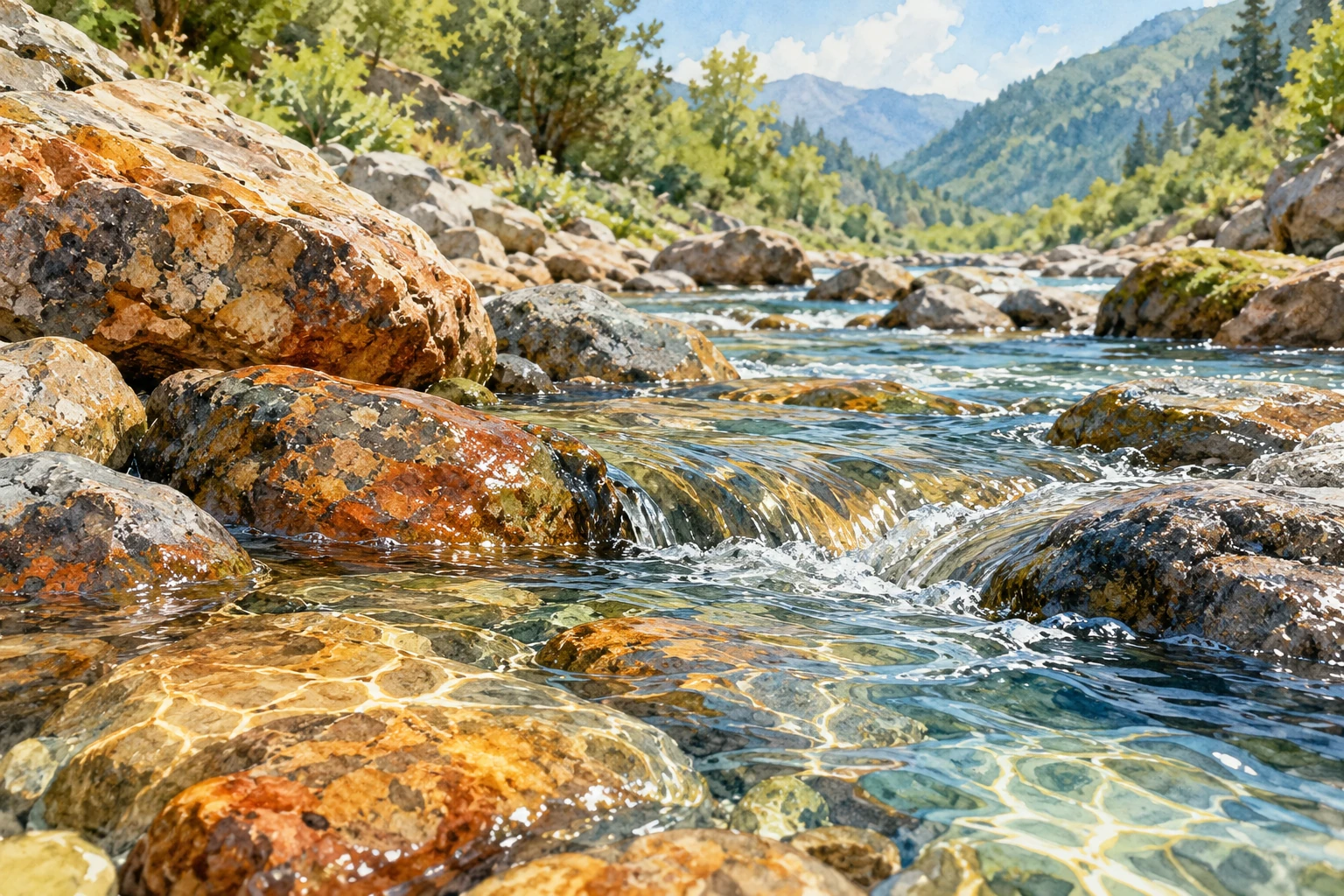 清澈的溪水泛起涟漪，流过自然风化的红色、赭色和灰色石头。