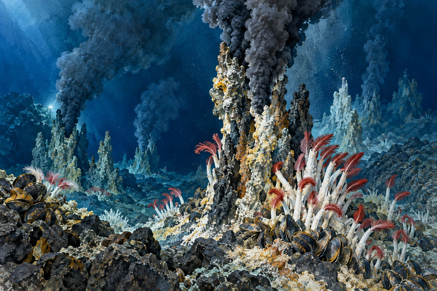 深海热液喷口形成的烟囱周围生长着管虫和贻贝，深色、富含矿物质的水从烟囱中涌出并上升。