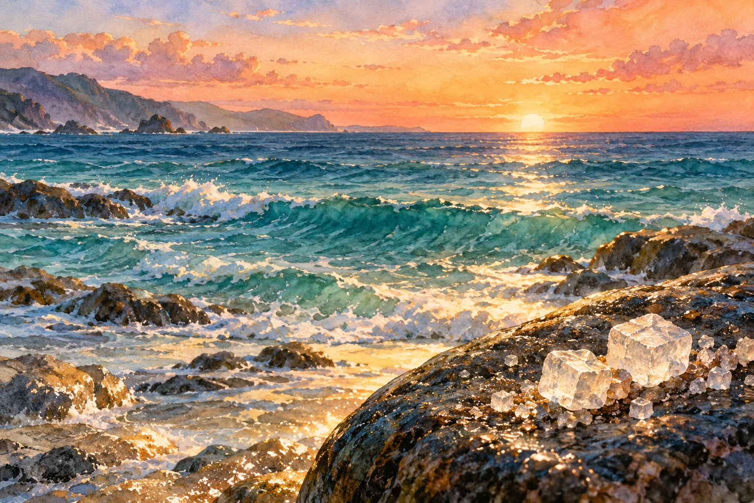 夕阳下，前景中一块深色的海边石头上散落着立方体状的盐晶体，旁边海浪轻轻拍岸。