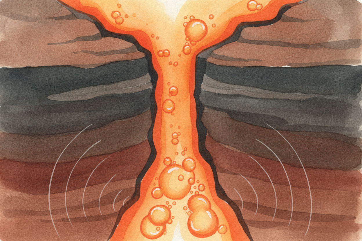 Magma is lighter than the solid rock around it, so it rises — **like a bubble in a bottle of soda**. It pushes up throug