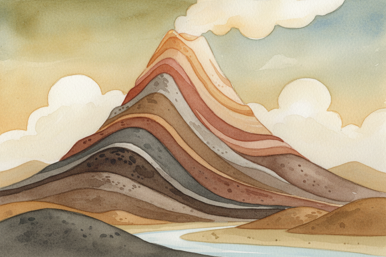 Over time, erupted lava cools and hardens into new rock. **Layer after layer, eruption after eruption**, the volcano gro