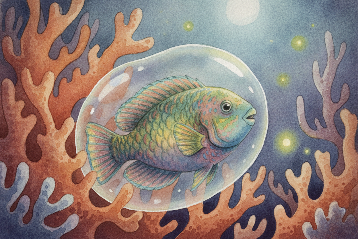 Then there's the ++parrotfish++, the true genius of undersea sleepwear. Each night it blows a bubble of clear slime comp