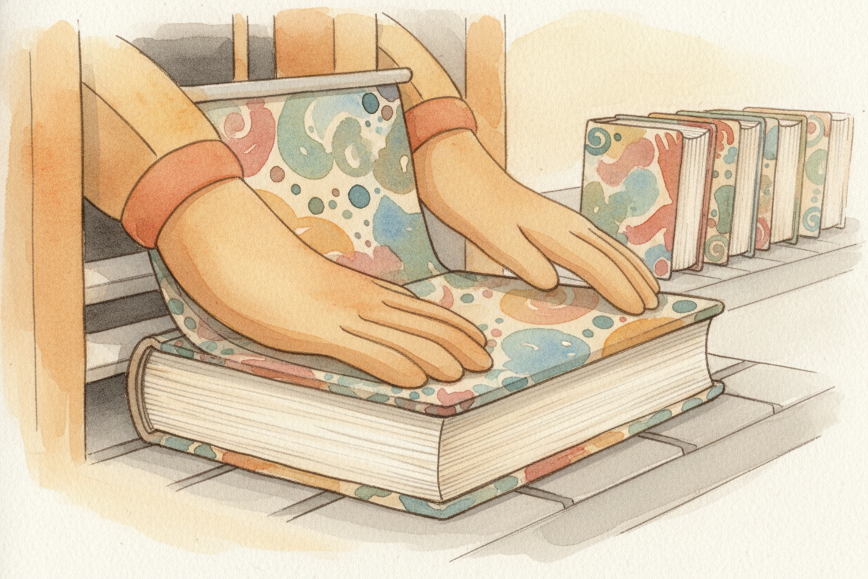 Now the book block meets its cover. The cover was printed separately — often on thicker, glossy paper — and sometimes la