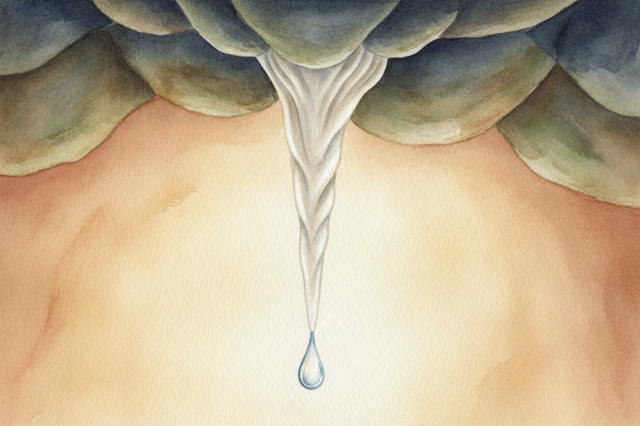 One speck is nothing. But **drop after drop, year after year**, those specks stack up — a tiny ring of stone, then a thi