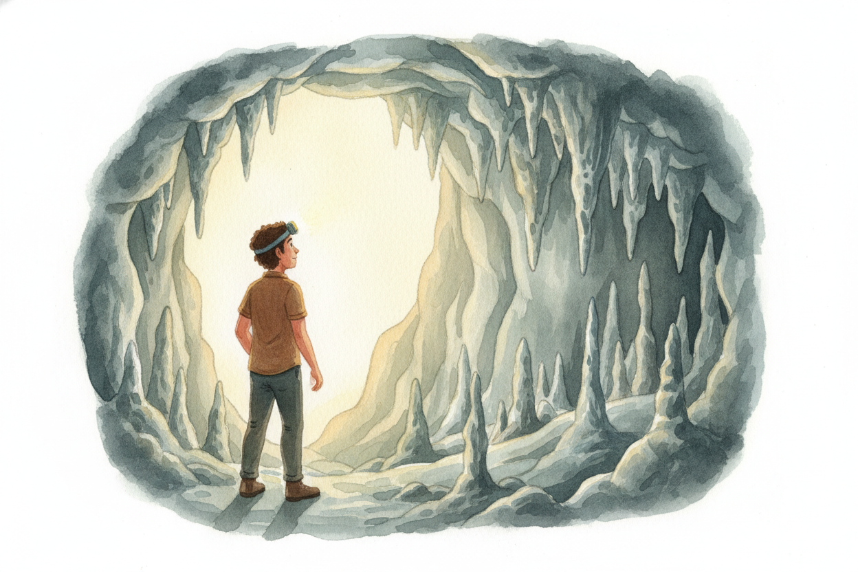 You walk into a cave and ~~the world opens up~~ — a hidden room carved into solid rock, **as if someone hollowed out the