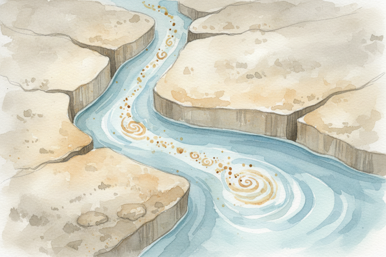 So the water flows along the cracks, dissolving a little limestone here, a little there, widening the paths. **A crack b