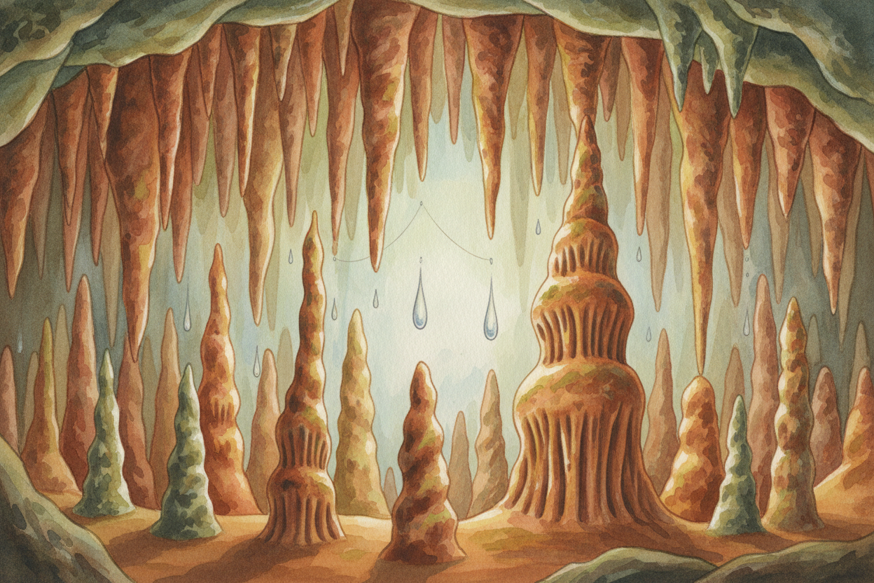 Drip after drip, ring after ring, a stalactite grows downward like a **stone icicle**. The water that drips to the floor