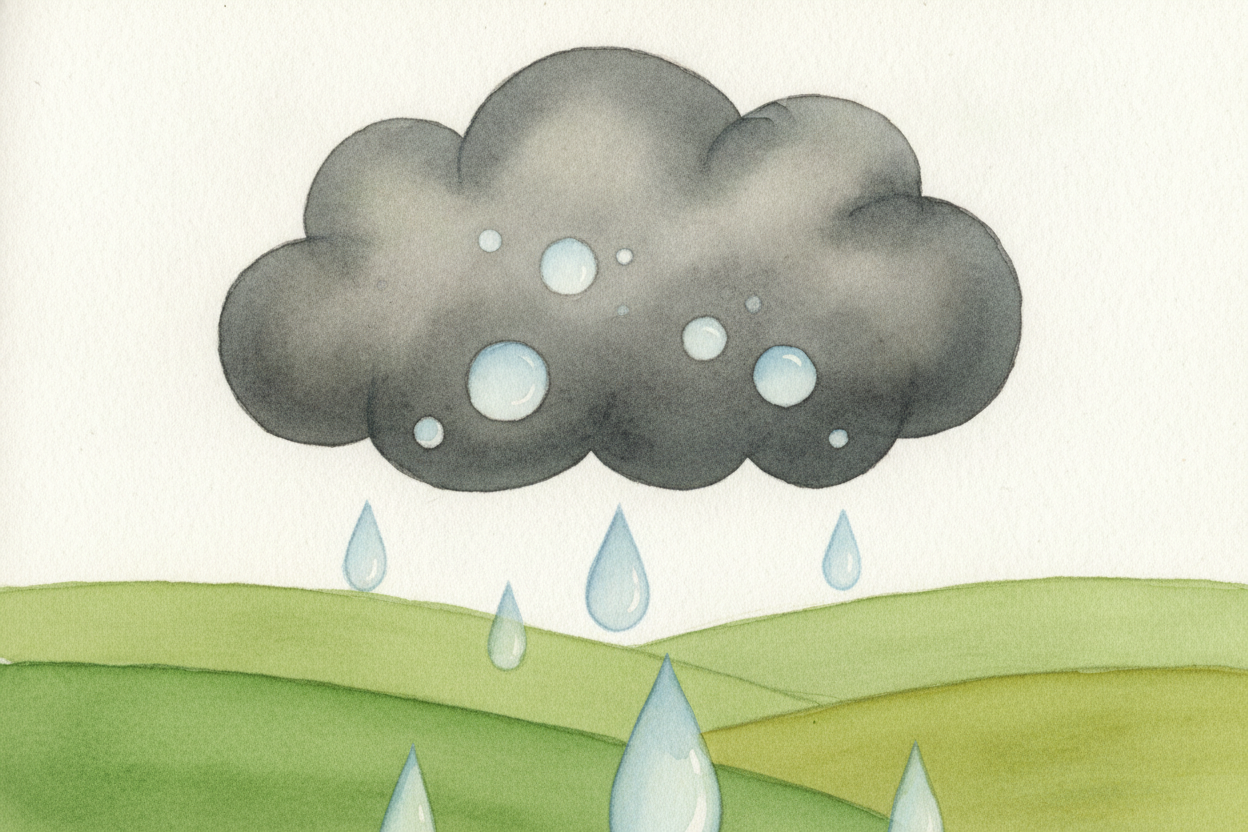 But droplets **bump into each other** and sometimes stick together. When enough of them merge, they grow ~~too heavy for