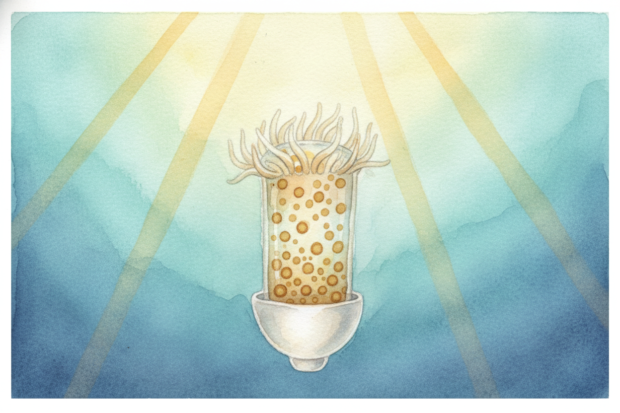 Here's the secret: inside each polyp live millions of even tinier roommates called ++zooxanthellae++ — algae so small yo