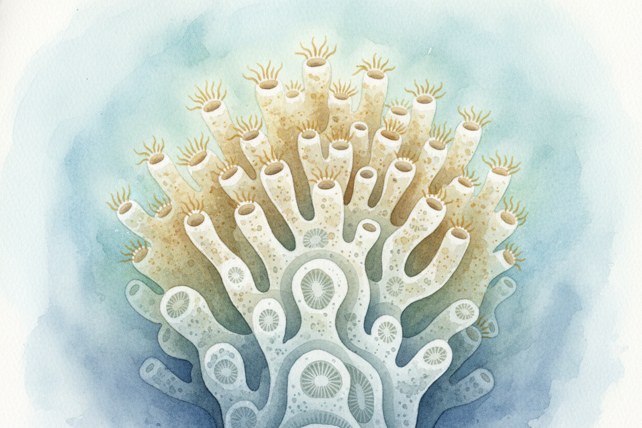 **Generation after generation**, the colony grows. The polyps on top are alive, *eating and building*. The ones below ha