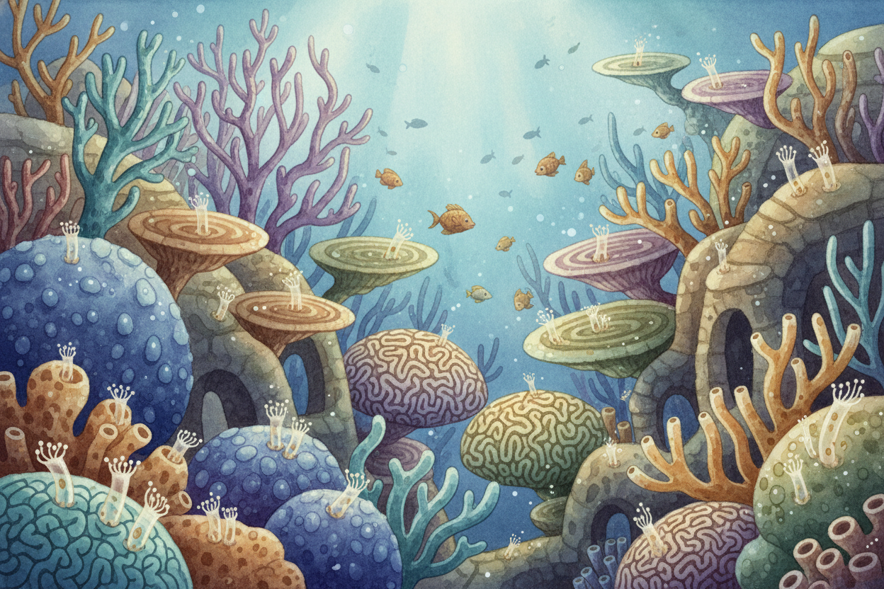 Different coral species build different architecture. Some make delicate branches like **underwater trees**. Others form