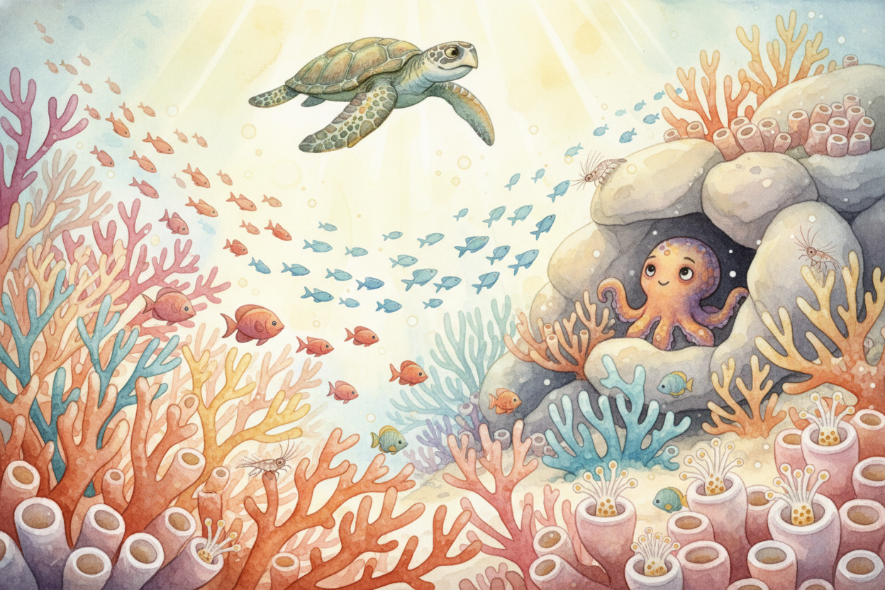 And once the foundation is built, everyone else moves in. Fish hide in the coral's nooks. Shrimp clean between the branc
