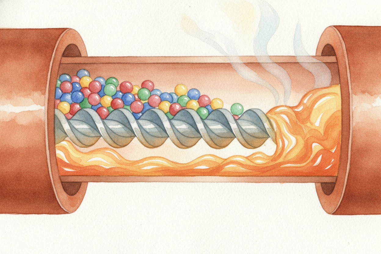 First, the pellets get ~~hungry-machine treatment~~. They're poured into a long heated tube with a giant spinning screw 