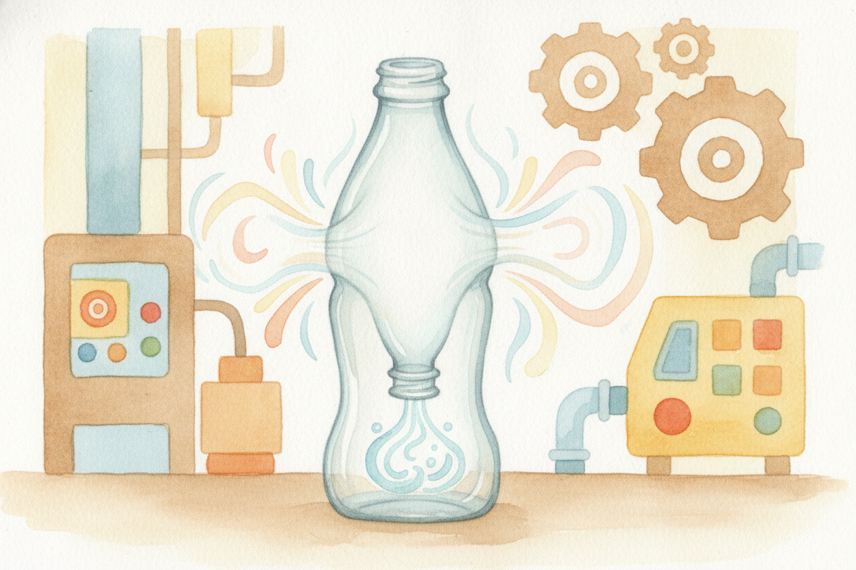 But bottles are trickier. You can't injection-mold a hollow bottle in one go — the inside would be solid. So factories u