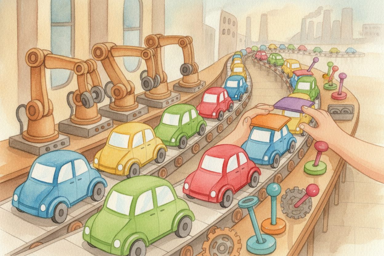 Not everything is plastic, of course. Metal toy cars and tins are often stamped — flat metal sheets get pressed between 