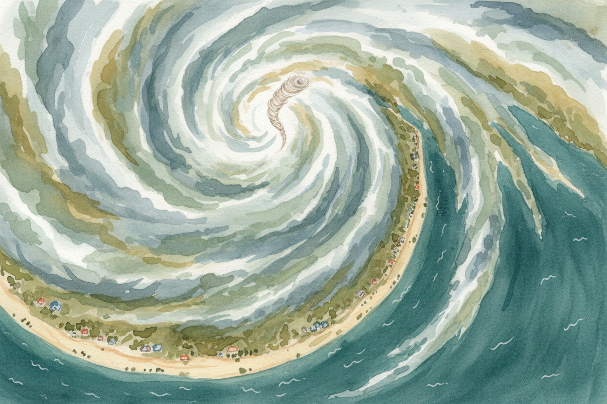 First, size. A hurricane is enormous — often **300 miles wide**, big enough to swallow several states at once. A tornado