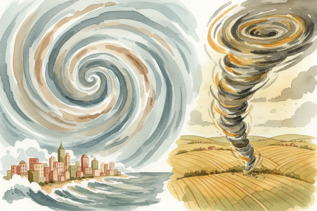 So here's the difference: hurricanes are **patient giants** that gather strength slowly over warm oceans and batter enti