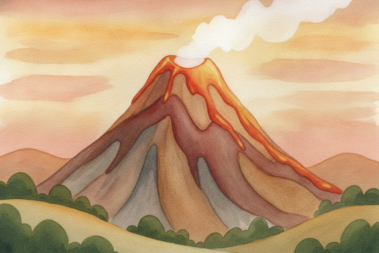 A volcano grows in a way the others don't — ~~from the top, not the sides~~. Each eruption spills lava and ash that cool