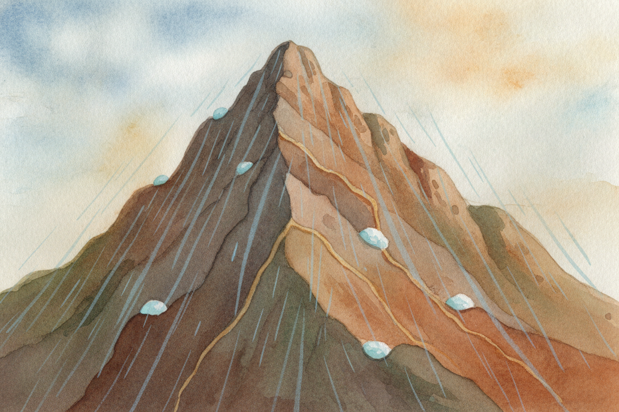 So a mountain is really a record of a **slow argument between pieces of the Earth** — crumpling, melting, or cracking up
