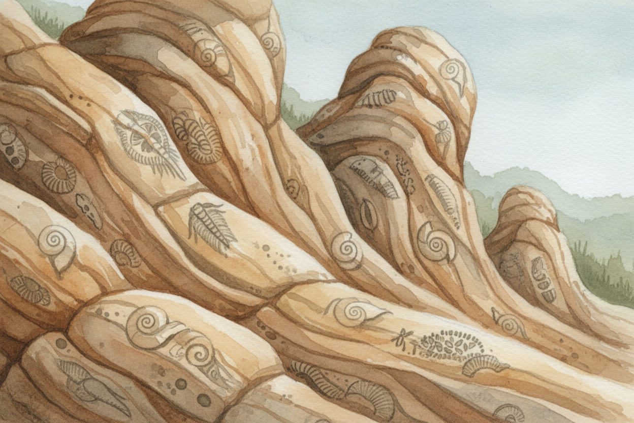 So the rock does what rock does when it can't escape: **it crumples. It folds. It buckles upward** like a rug shoved acr