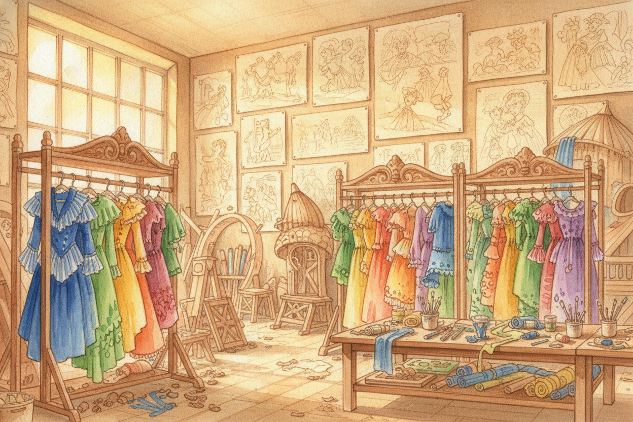Before anyone rolls a camera, the team builds the world. Set designers hammer together rooms and streets. Costume makers