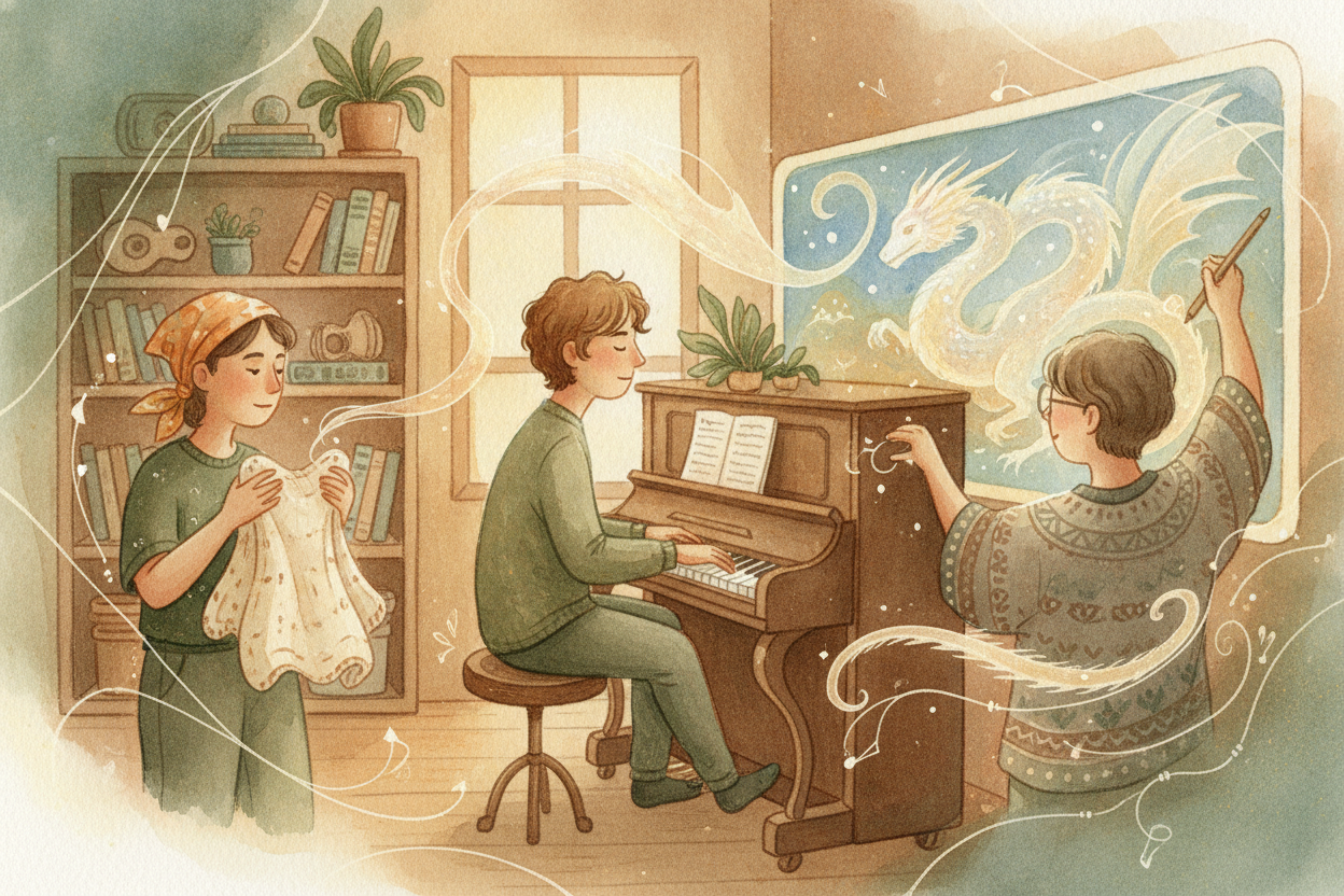 Now the polish. Composers write music to tug your feelings. Sound artists add footsteps, thunder, and whooshes. Visual-e