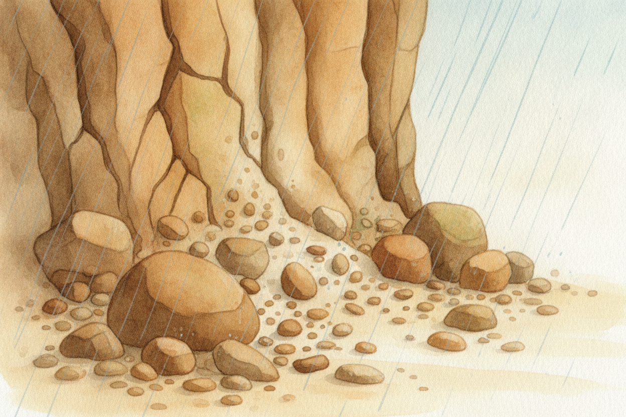 ~~Now sun, wind, rain, and ice get to work~~ on that hard new rock. Day after day they nibble at it — freezing into its 