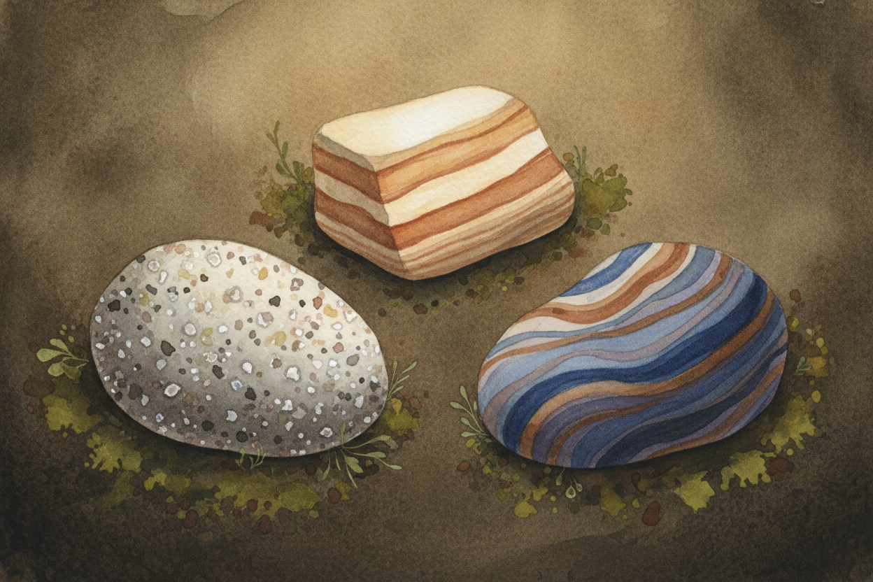 So now we have three rock types: ++igneous++ (born from melt), ++sedimentary++ (built from layers), and ++metamorphic++ 