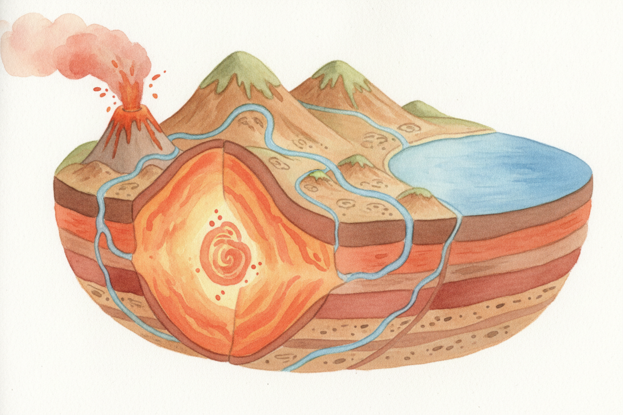 That endless looping is the ++rock cycle++. Deep below, the Earth's surface is slowly shuffling like **cracked pieces of