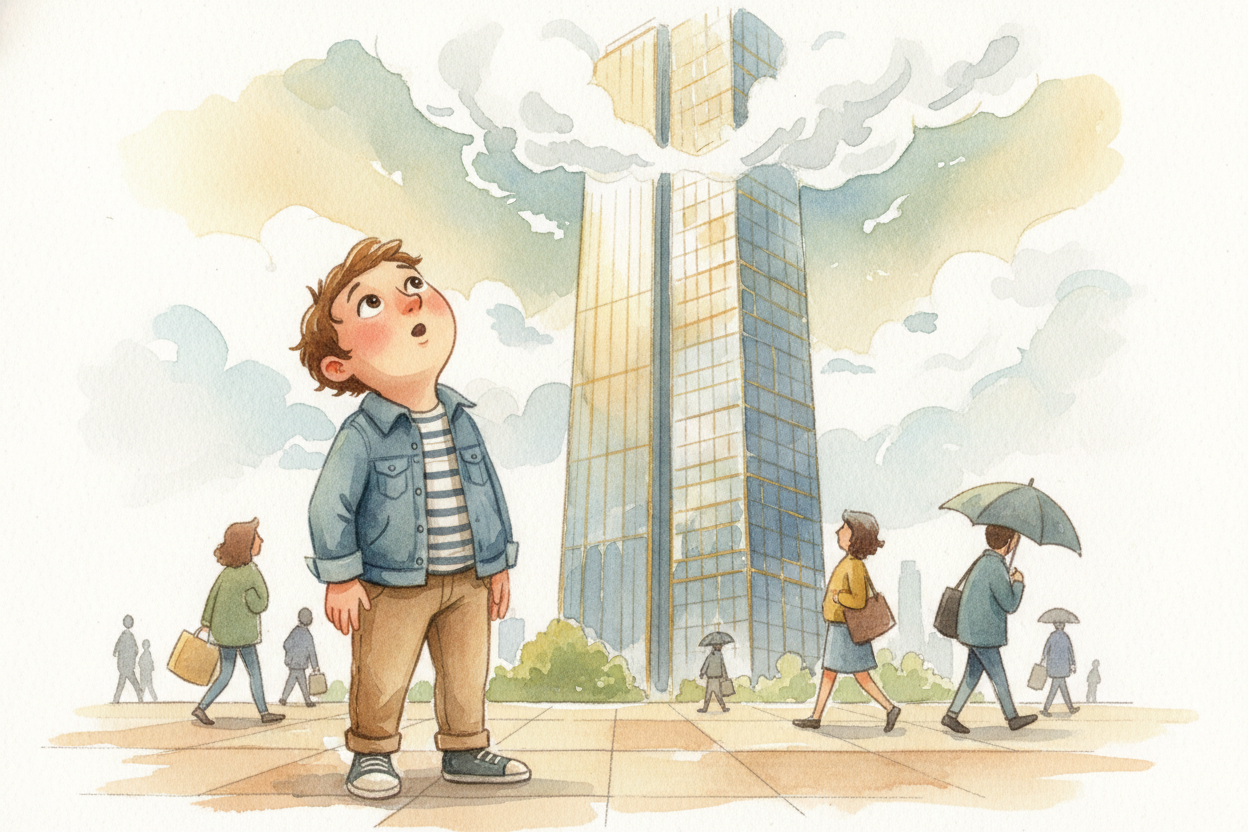 You stand on the sidewalk, neck craned all the way back, staring up at a skyscraper that punches through the clouds. ~~H