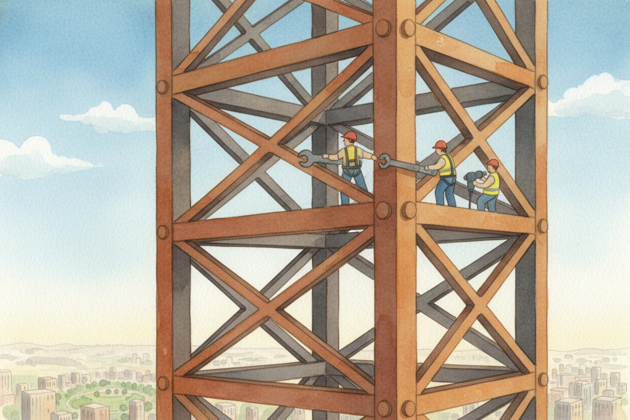 Rising from that foundation is the skeleton: a rigid frame of steel or concrete columns and beams, bolted and welded tog