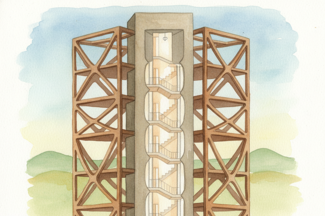 So engineers add a core — a super-stiff central column made of thick concrete or cross-braced steel, usually where the e