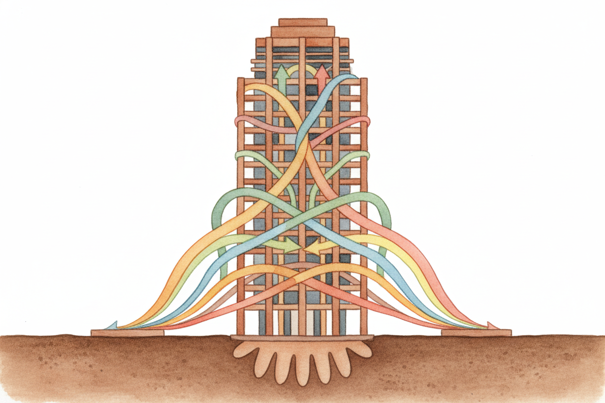 Gravity also wants to **crush the building straight down** — all those floors, walls, desks, people, and filing cabinets