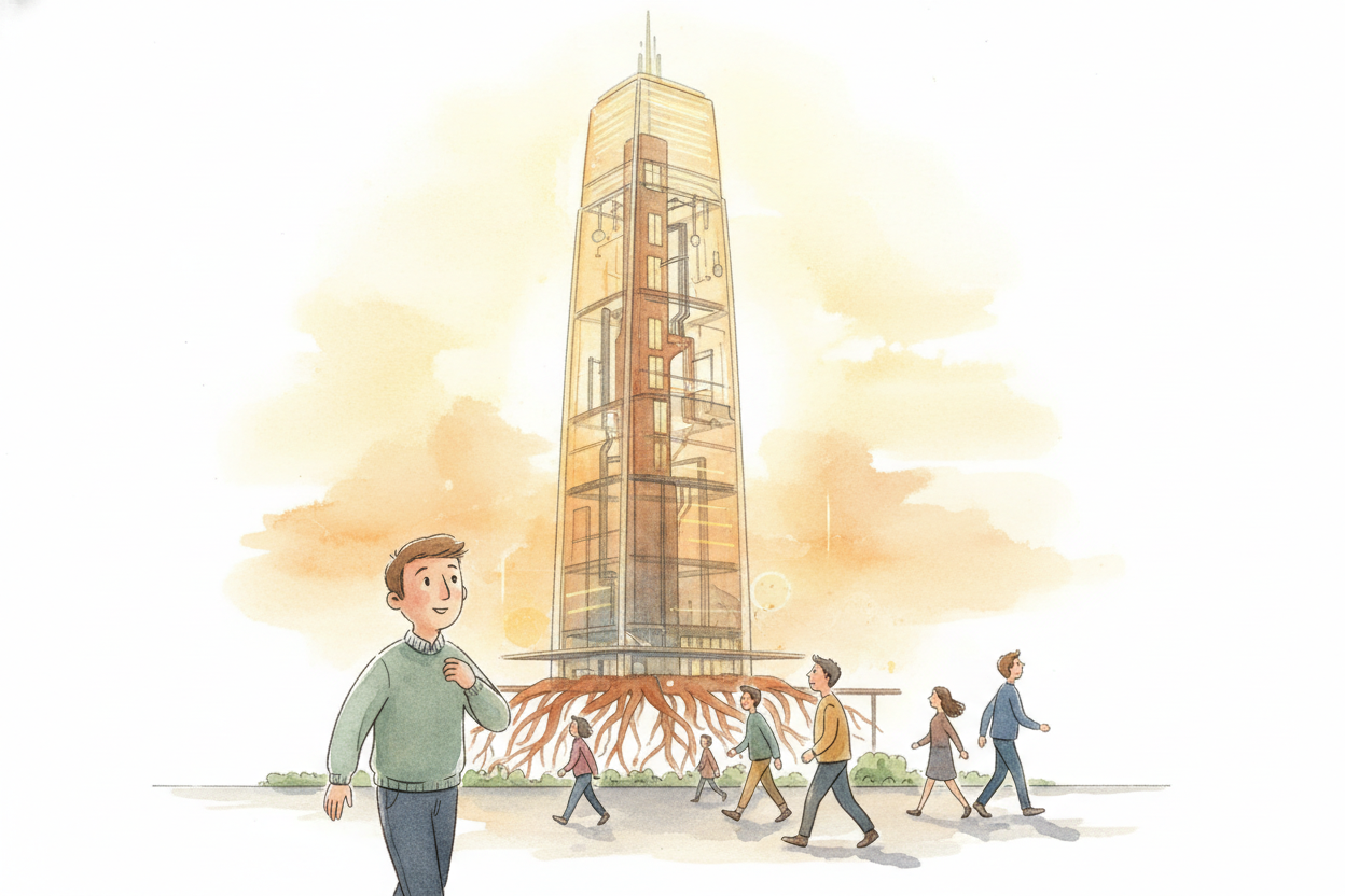 So a skyscraper isn't just tall — it's **an iceberg with a hidden anchor**, **a skeleton with a spine**, and **a gymnast